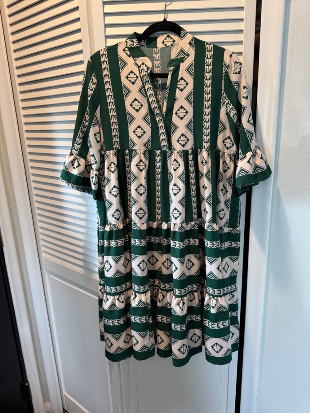 SHEIN Green & Cream Geometric Tiered Shirt Midi Dress